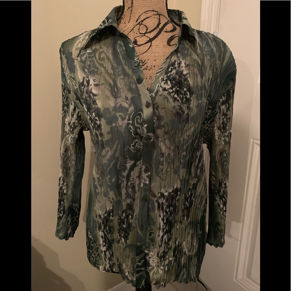 E &K Designs GREEN FLORAL PRINT BUTTON  BLOUSE XL